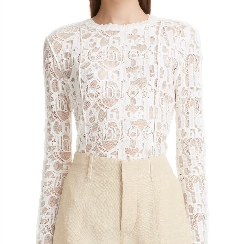 Chloe Lace Logo Embroidered Blouse Women Size 8 Sheer Office Luxury Soft Cream